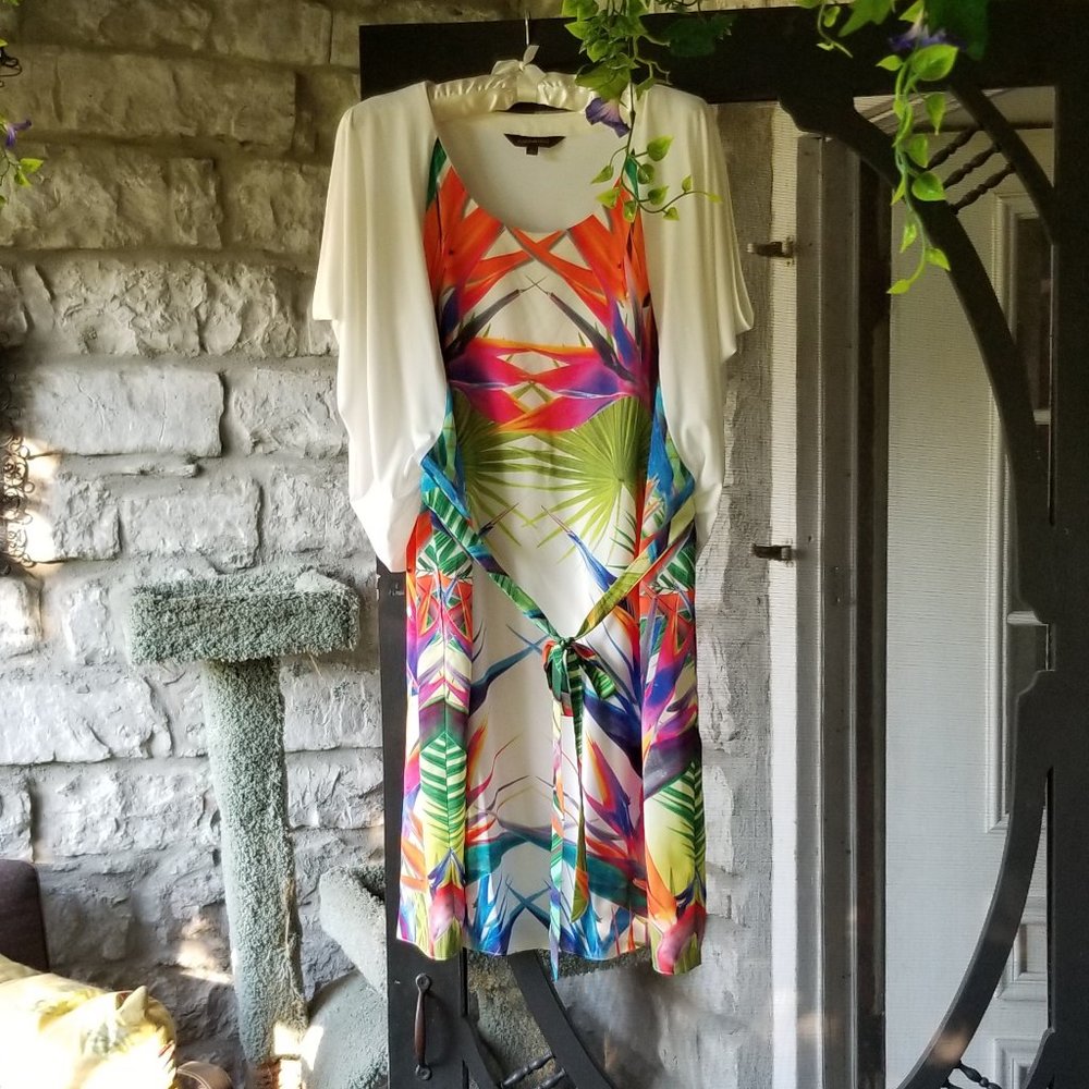 Ranna Gill White Midi Dress with Vibrant Tropical Print